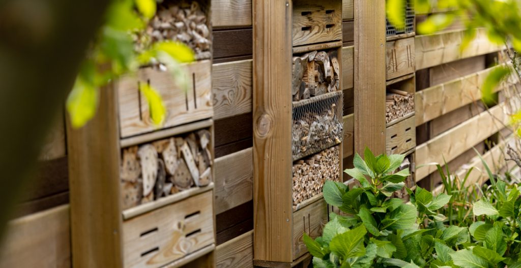 Home made bee hotel, in Dutch garden, mounted on a typical wooden garden fence. Bee hotels are places for solitary bees to make their nests. These bees live alone, not in hives.